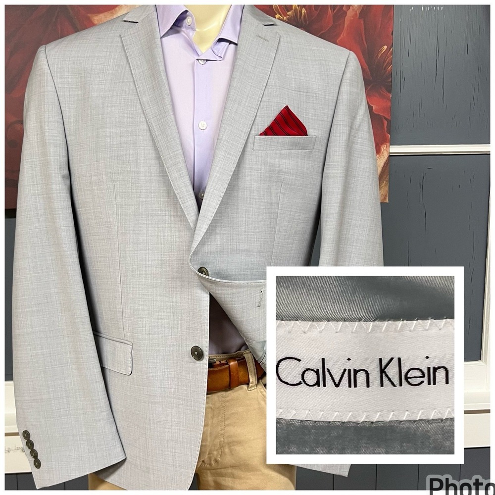 Calvin Klein Blazer Jacket Sport Coat Mens 46R Wool Blend Stretch Gray